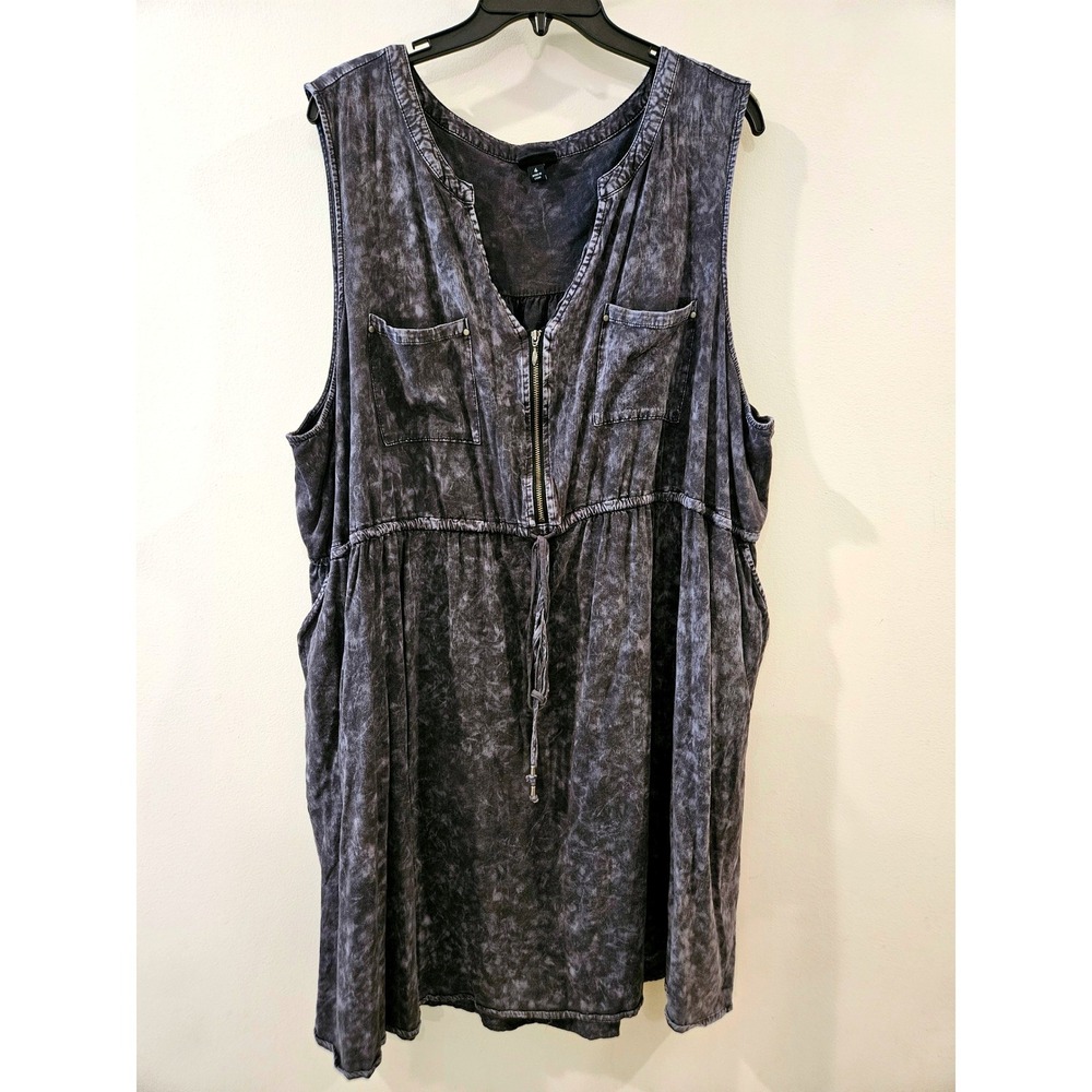 Torid Grey Acid Wash Sleeveless Zip Front Mini Dress Plus Size 4 4X Pockets
